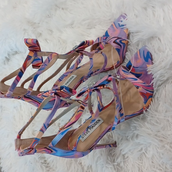 Steve Madden Retro Print Sinclair Satin Rhinestone Strappy Dress Sandals - Picture 10 of 16